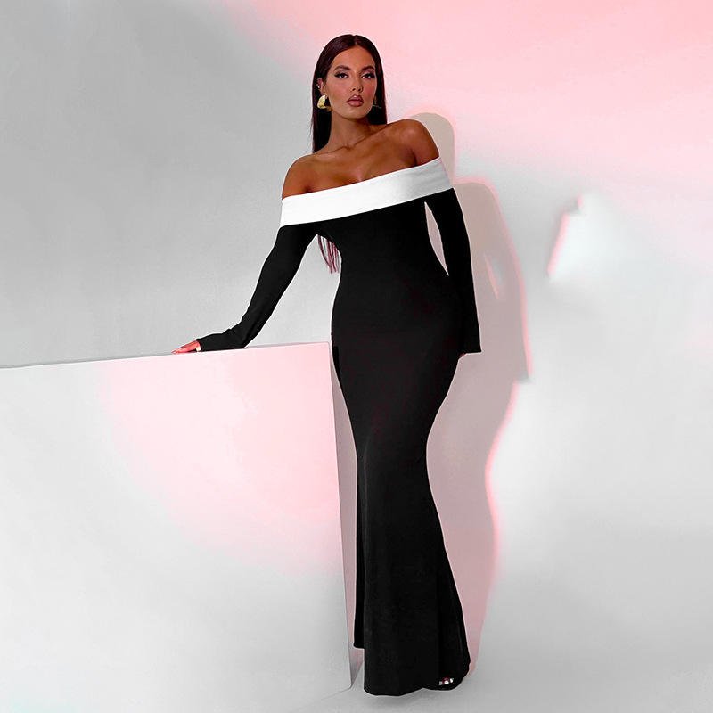New Design Fashion Sexy Off The Shoulder Dresses Long Sleeve Bodycon Ribbed Mixi Color Block Elegant Dresses Women
