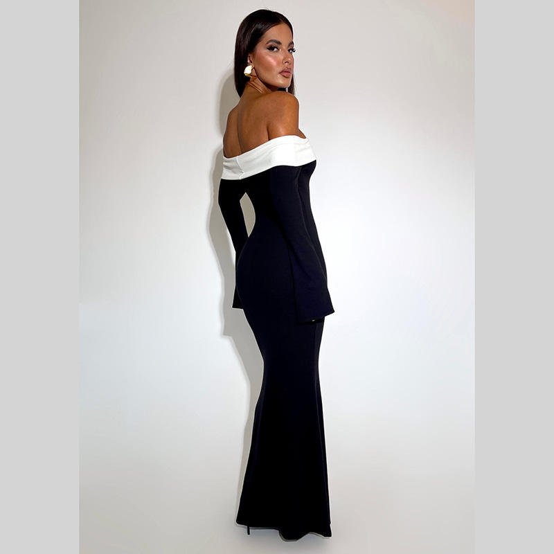 New Design Fashion Sexy Off The Shoulder Dresses Long Sleeve Bodycon Ribbed Mixi Color Block Elegant Dresses Women
