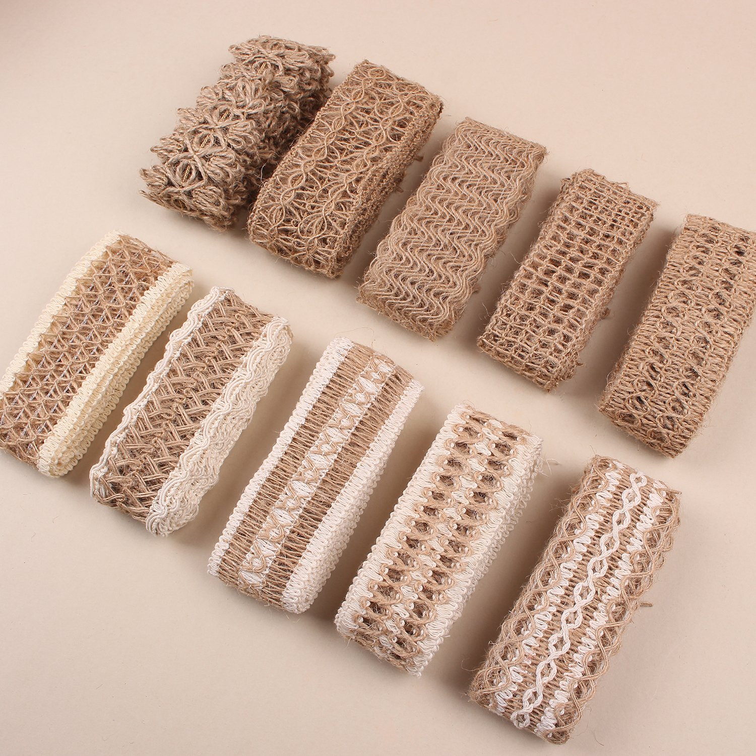 10 Rolls 2m Handmade Jute Burlap Ribbons Lace Craft Ribbon Burlap 10 Assorted Styles for Crafts Mason Jars Wrapping RC07051130