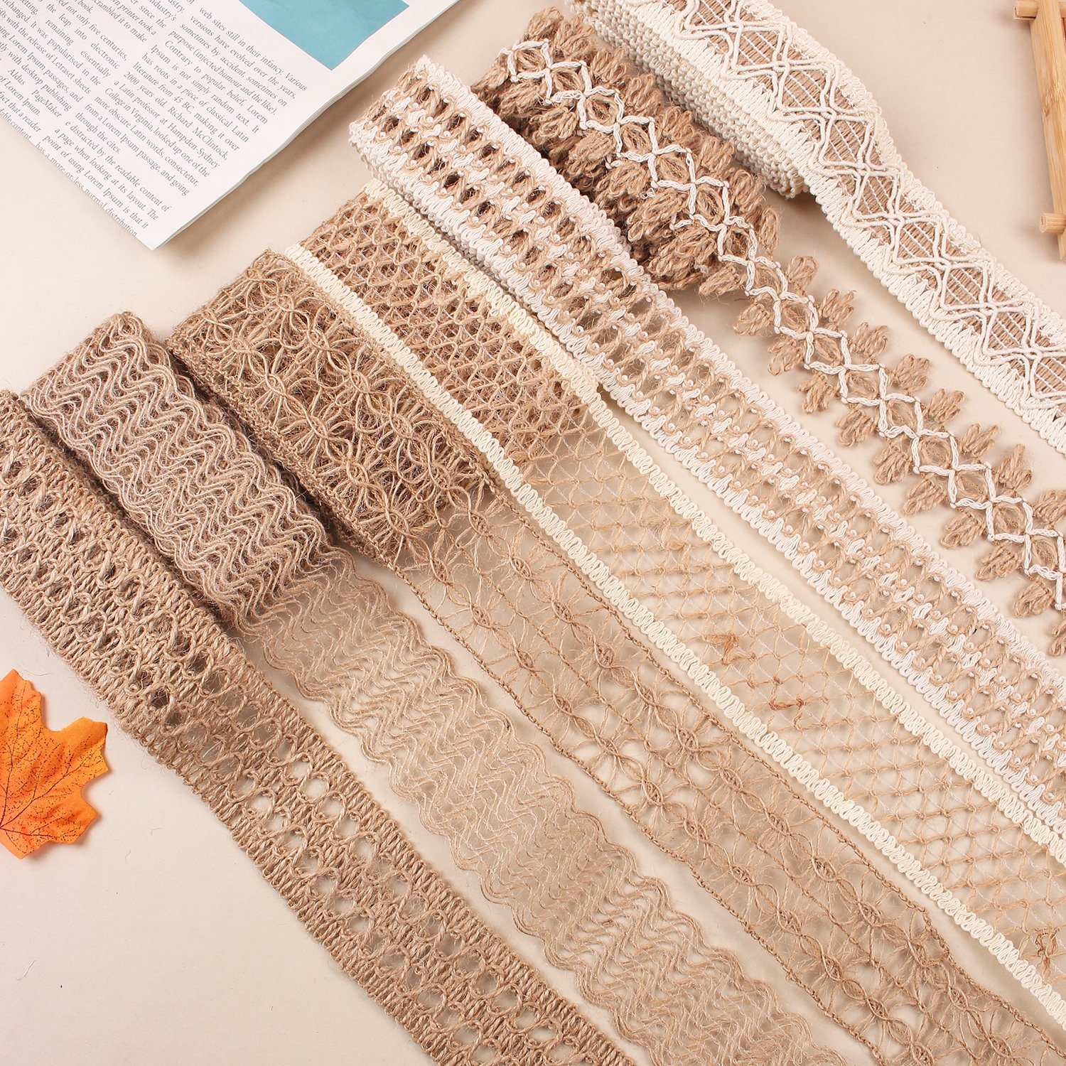 10 Rolls 2m Handmade Jute Burlap Ribbons Lace Craft Ribbon Burlap 10 Assorted Styles for Crafts Mason Jars Wrapping RC07051130