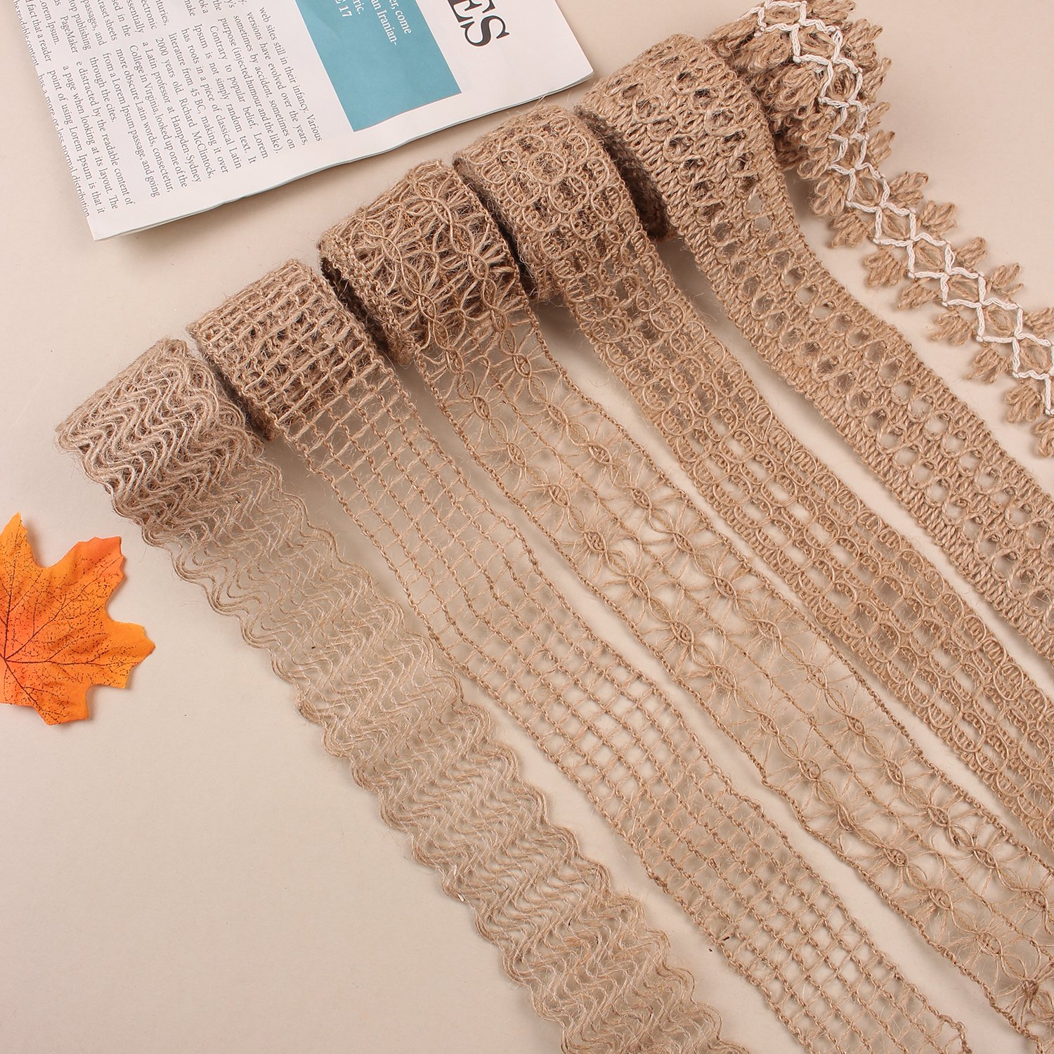 10 Rolls 2m Handmade Jute Burlap Ribbons Lace Craft Ribbon Burlap 10 Assorted Styles for Crafts Mason Jars Wrapping RC07051130