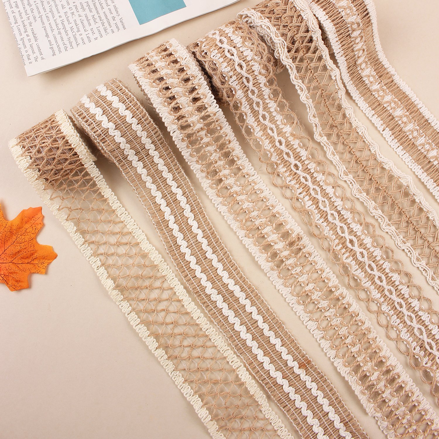 10 Rolls 2m Handmade Jute Burlap Ribbons Lace Craft Ribbon Burlap 10 Assorted Styles for Crafts Mason Jars Wrapping RC07051130