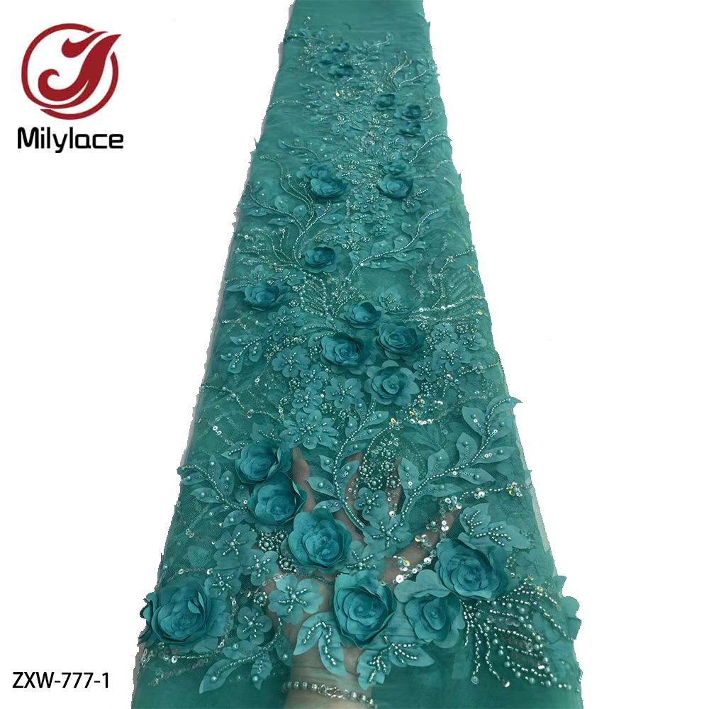 3D Flower Bridal Handmade Beaded Sequin Wedding Embroidery Applique Luxury Mesh Lace Fabric