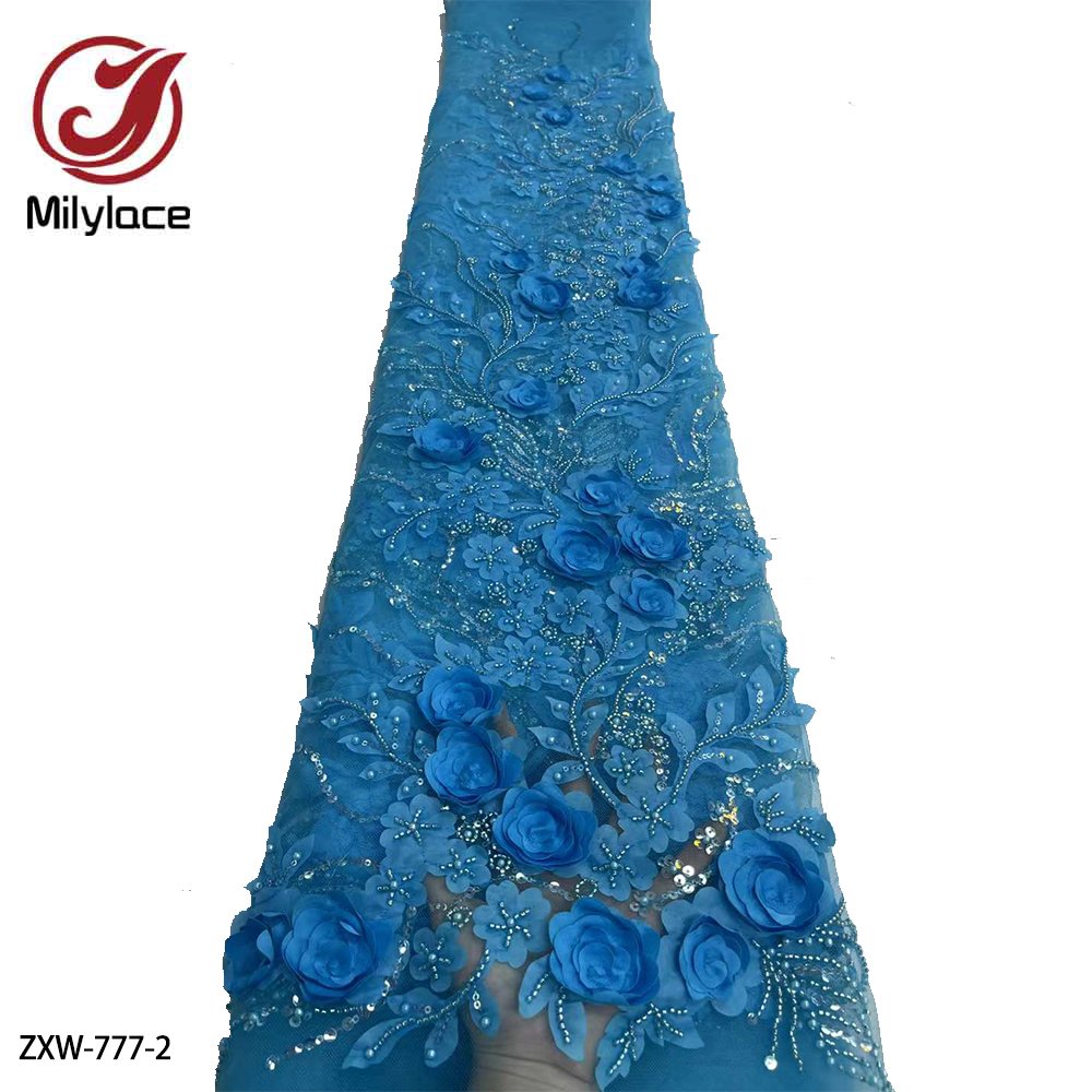 3D Flower Bridal Handmade Beaded Sequin Wedding Embroidery Applique Luxury Mesh Lace Fabric