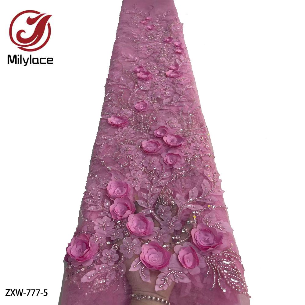 3D Flower Bridal Handmade Beaded Sequin Wedding Embroidery Applique Luxury Mesh Lace Fabric