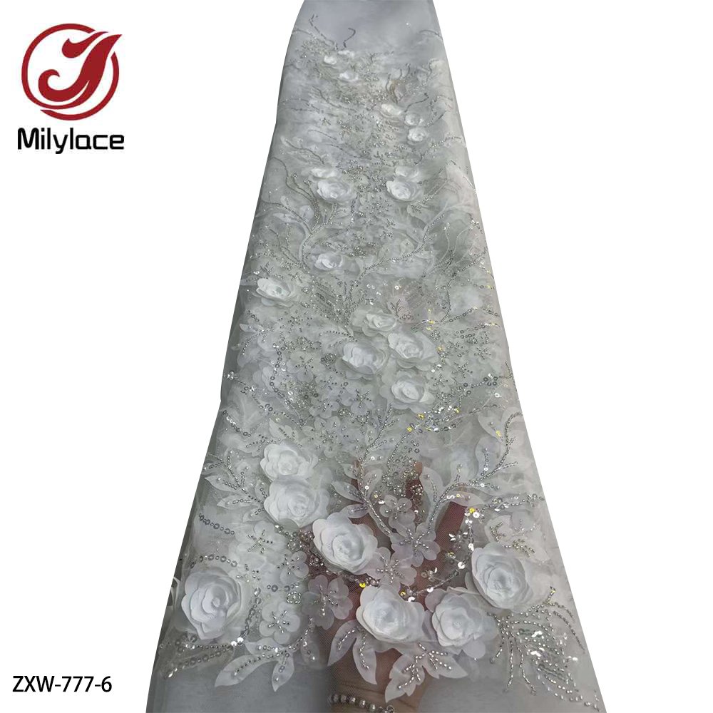 3D Flower Bridal Handmade Beaded Sequin Wedding Embroidery Applique Luxury Mesh Lace Fabric