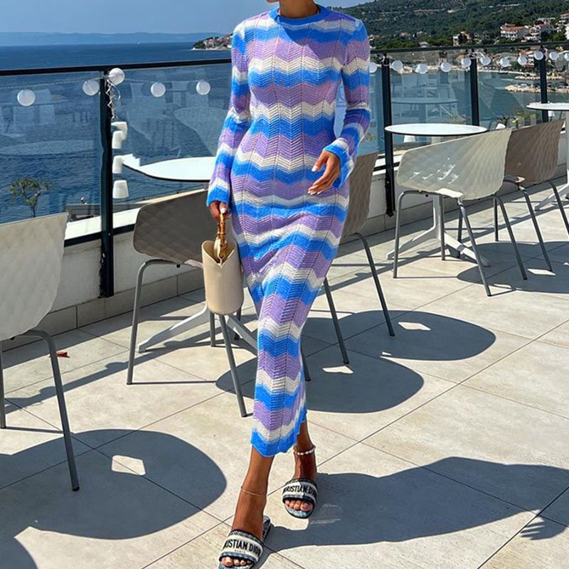 Stripe color contrast crewneck long sleeve tight backless strap sexy spice ribbed dress for ladies