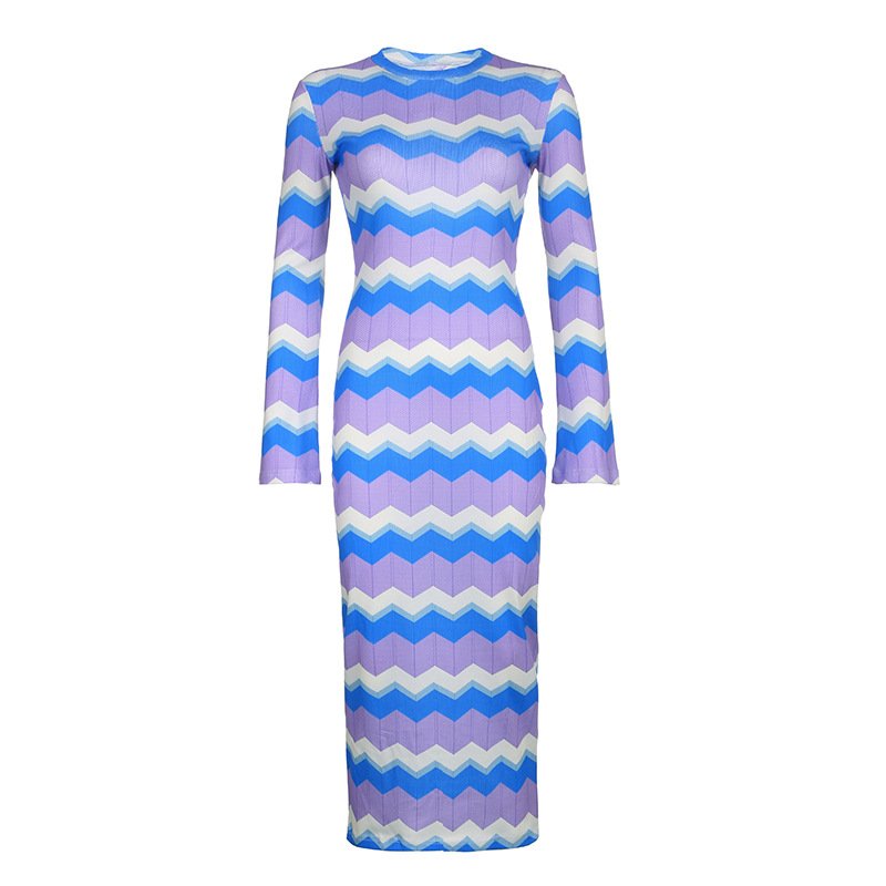 Stripe color contrast crewneck long sleeve tight backless strap sexy spice ribbed dress for ladies