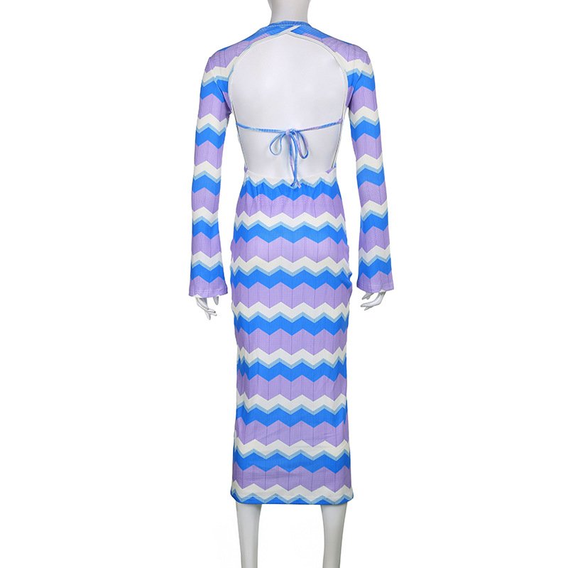 Stripe color contrast crewneck long sleeve tight backless strap sexy spice ribbed dress for ladies