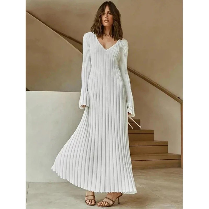 ZCsd2407114 Female V-neck Casual Ladies Ribbed Maxi Robe Autumn Winter Elegant Pleated A-line Women Knitted Long Dress
