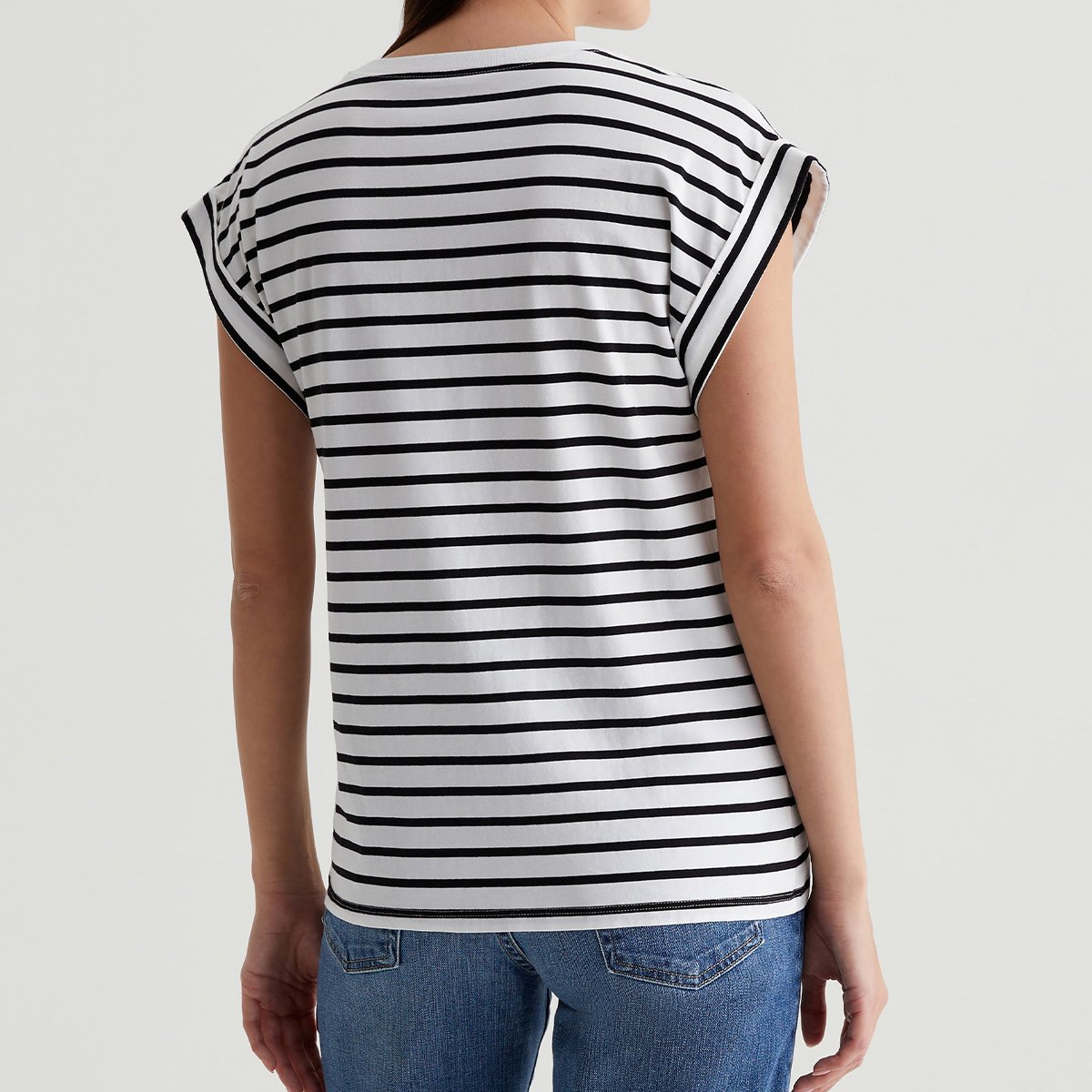 OEM/ODM Custom White with Black Stripes Women's Relaxed Fit Striped T-Shirt - Crew Neck, Rolled-Up Sleeves, Stretch-Blend Jersey