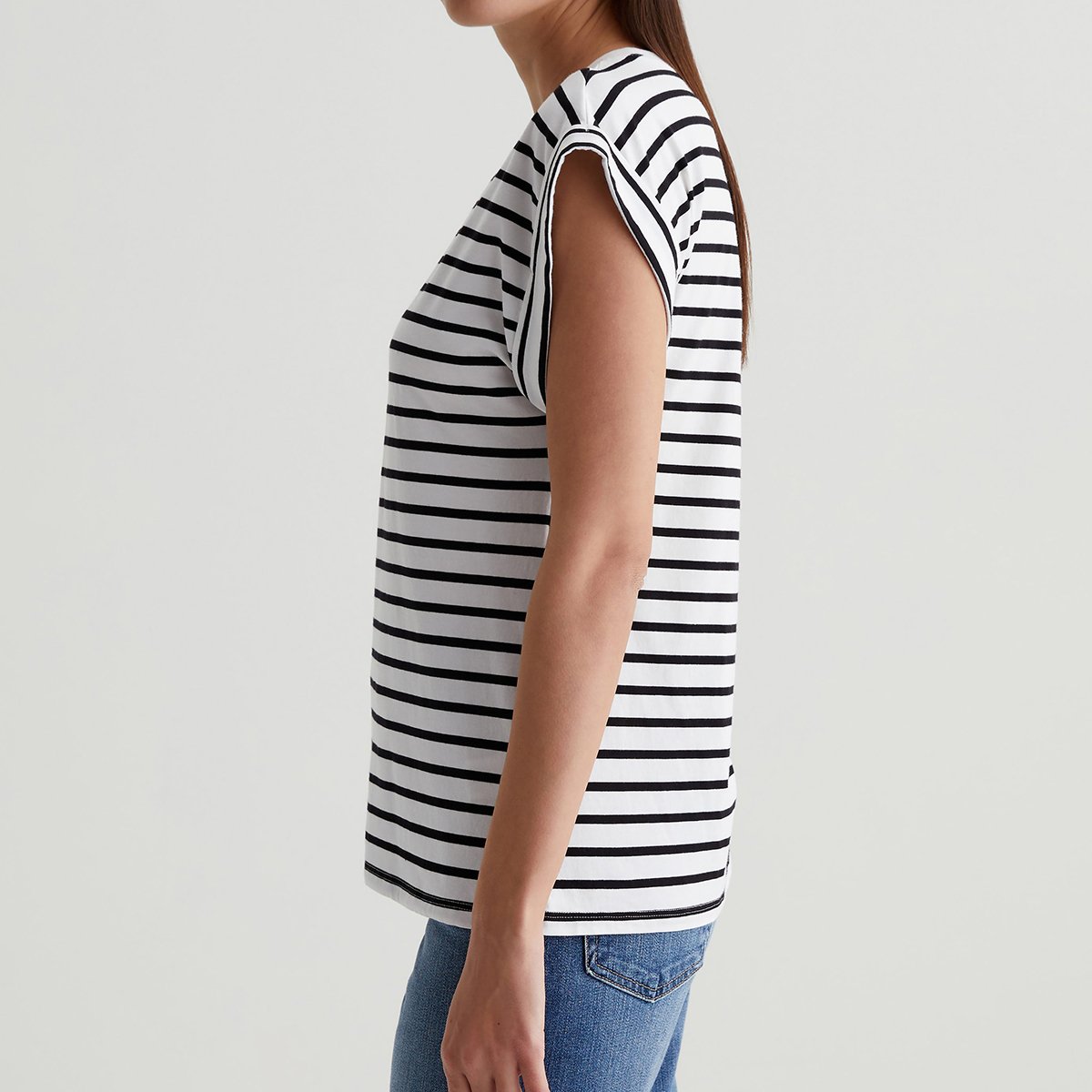 OEM/ODM Custom White with Black Stripes Women's Relaxed Fit Striped T-Shirt - Crew Neck, Rolled-Up Sleeves, Stretch-Blend Jersey