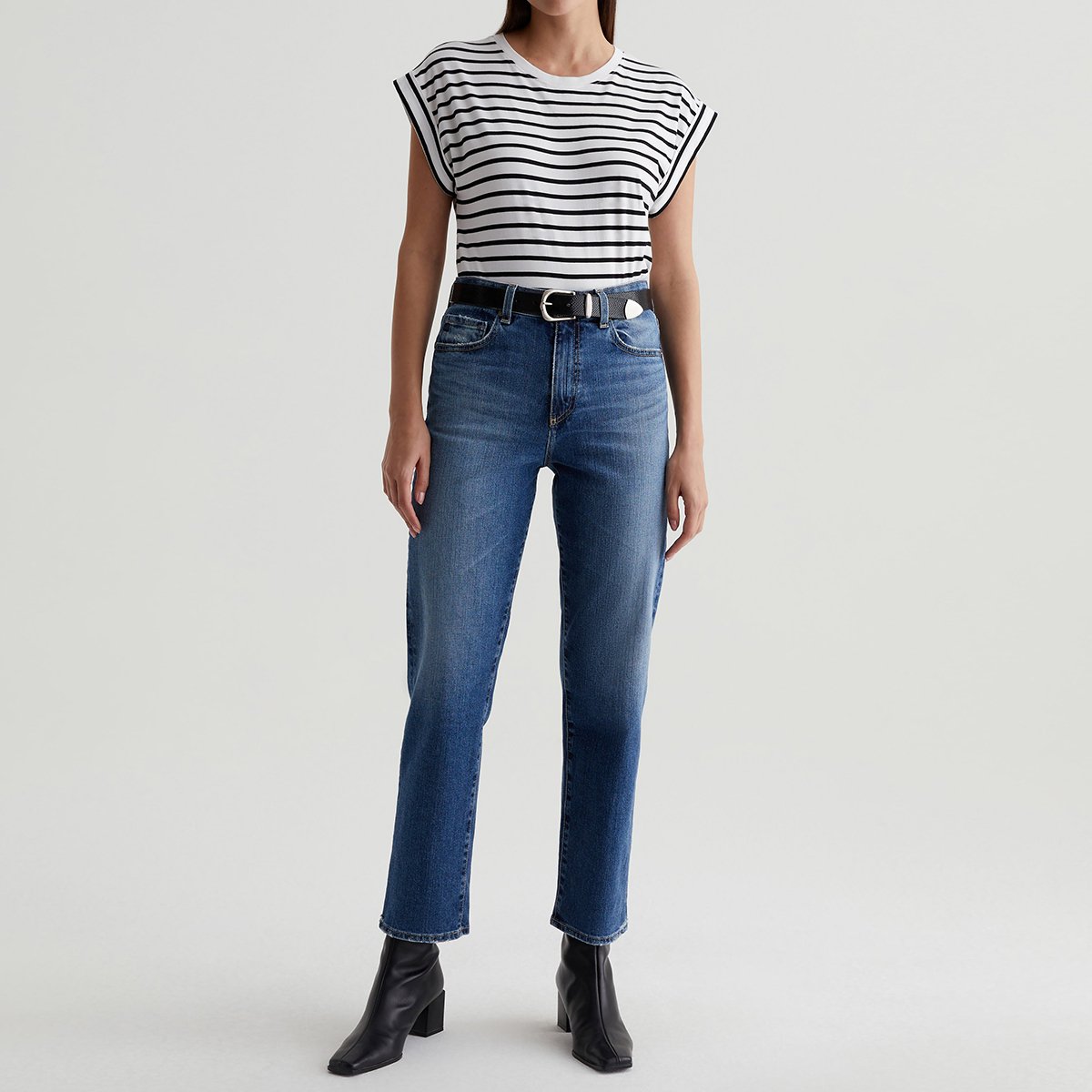 OEM/ODM Custom White with Black Stripes Women's Relaxed Fit Striped T-Shirt - Crew Neck, Rolled-Up Sleeves, Stretch-Blend Jersey