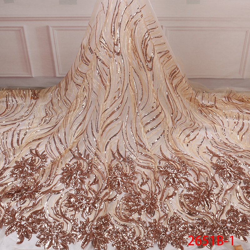 NI.AI High Quality Sparkling Sequins Lace Fabric Luxury Golden Net Lace FLoral Embroidery Tulle Lace Fabric For Wedding Dress