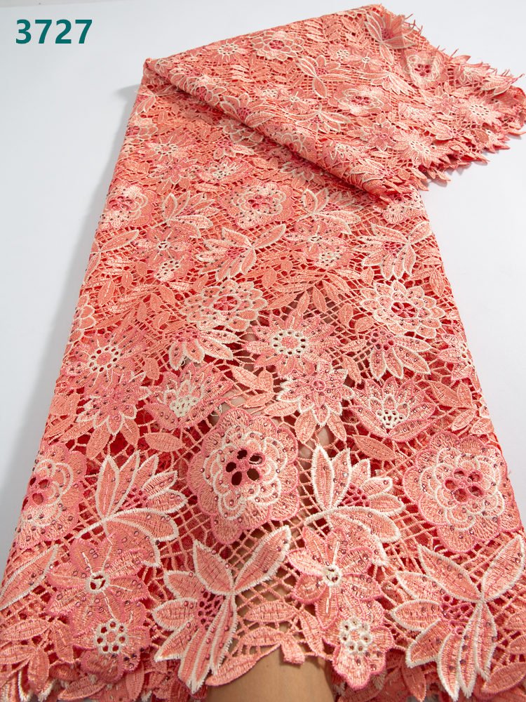 Water Soluble Soft Guipure Cord Lace with Rhinestones Wholesale African Embroidery Lace Fabric for Women Party Dresses 3727