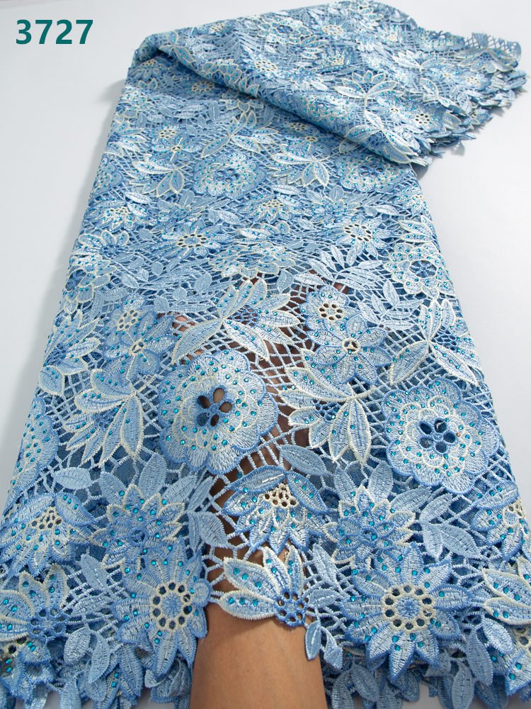 Water Soluble Soft Guipure Cord Lace with Rhinestones Wholesale African Embroidery Lace Fabric for Women Party Dresses 3727