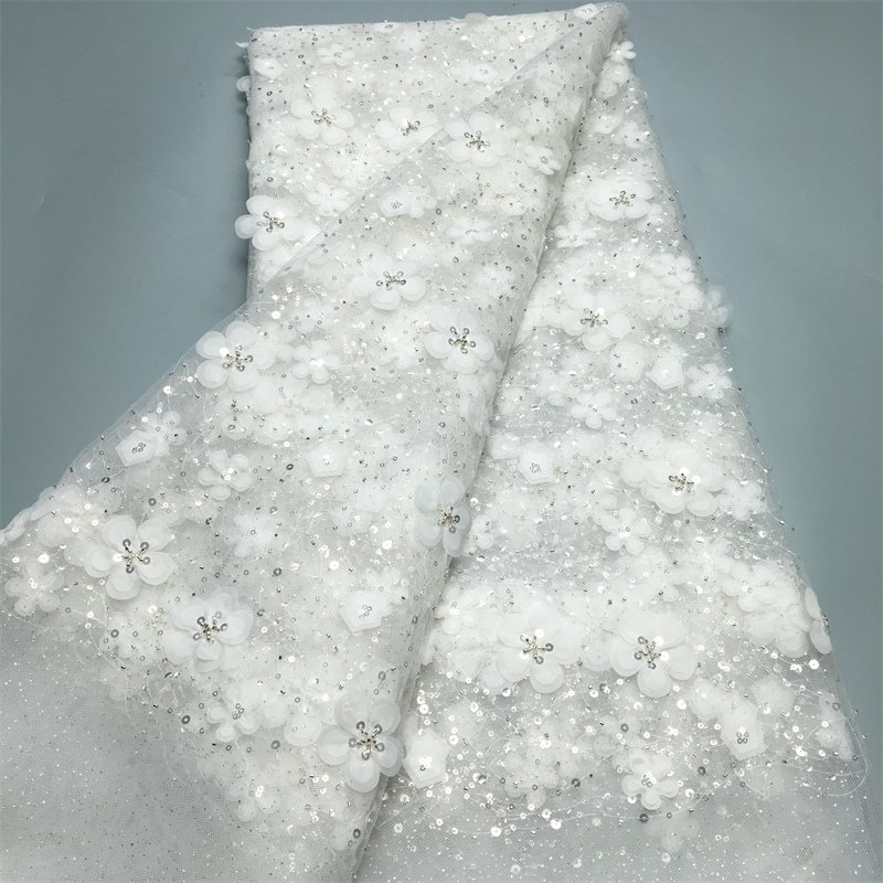 3877 Wholesale 3D Flowers African Beaded Lace Fabric with Sequins Hot Sale French Tulle Mesh Lace for Women Wedding Dresses