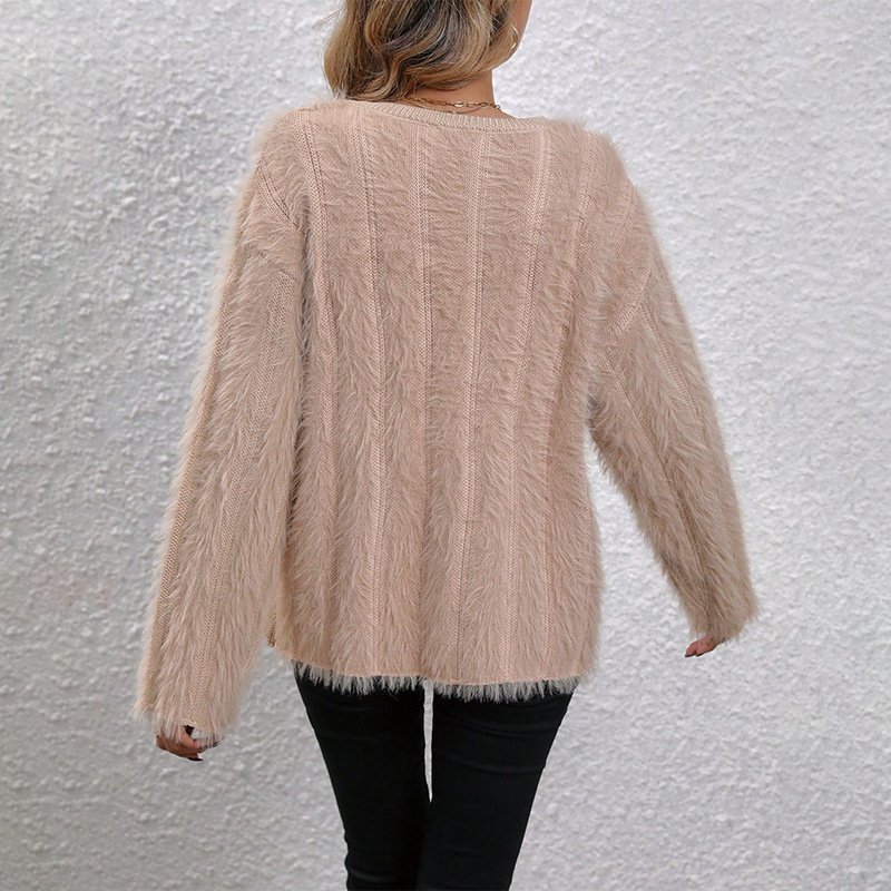 Rib Threaded O Neck Women's Sweaters False Mink Fur Knitted Top Soft and Loose Knitting Sweater for Women