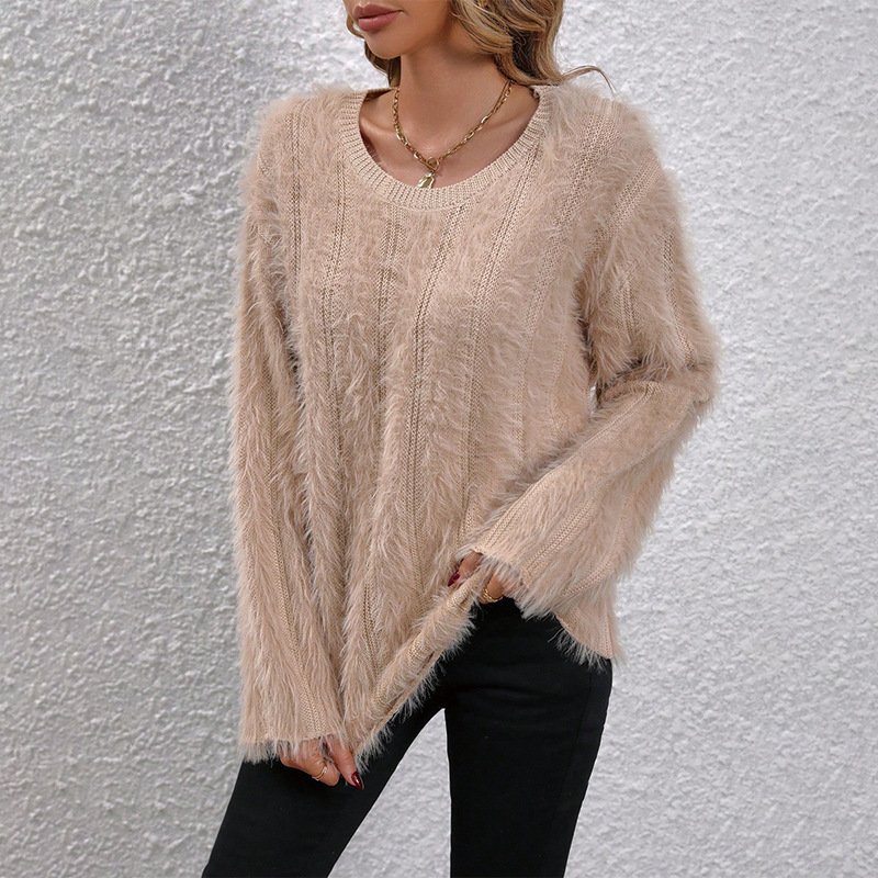 Rib Threaded O Neck Women's Sweaters False Mink Fur Knitted Top Soft and Loose Knitting Sweater for Women