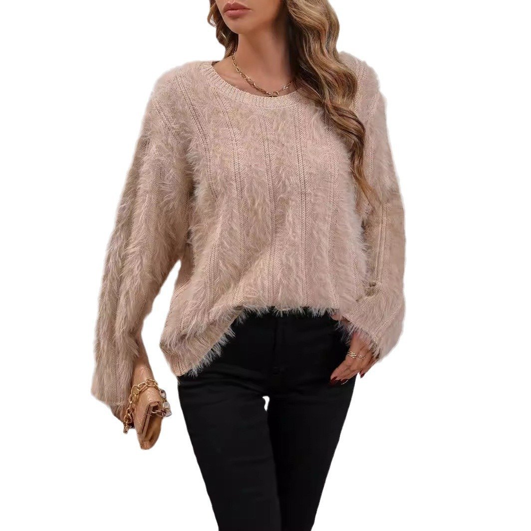 Rib Threaded O Neck Women's Sweaters False Mink Fur Knitted Top Soft and Loose Knitting Sweater for Women