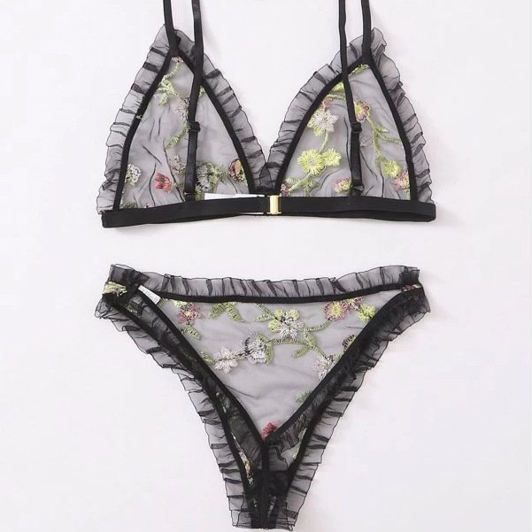 Women Sexy Valentines Day Underwear Set See-Through Lace Embroidered Straps 2 Piece Mesh Transparent Sexy Lingerie