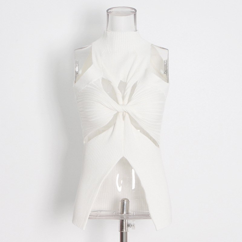 Fashion Sleeveless Summer Irregular Solid Color Ribbon Rib Knit Basic Vest Hollow Out Sexy Slim Womens Tank Top Female Crop Top