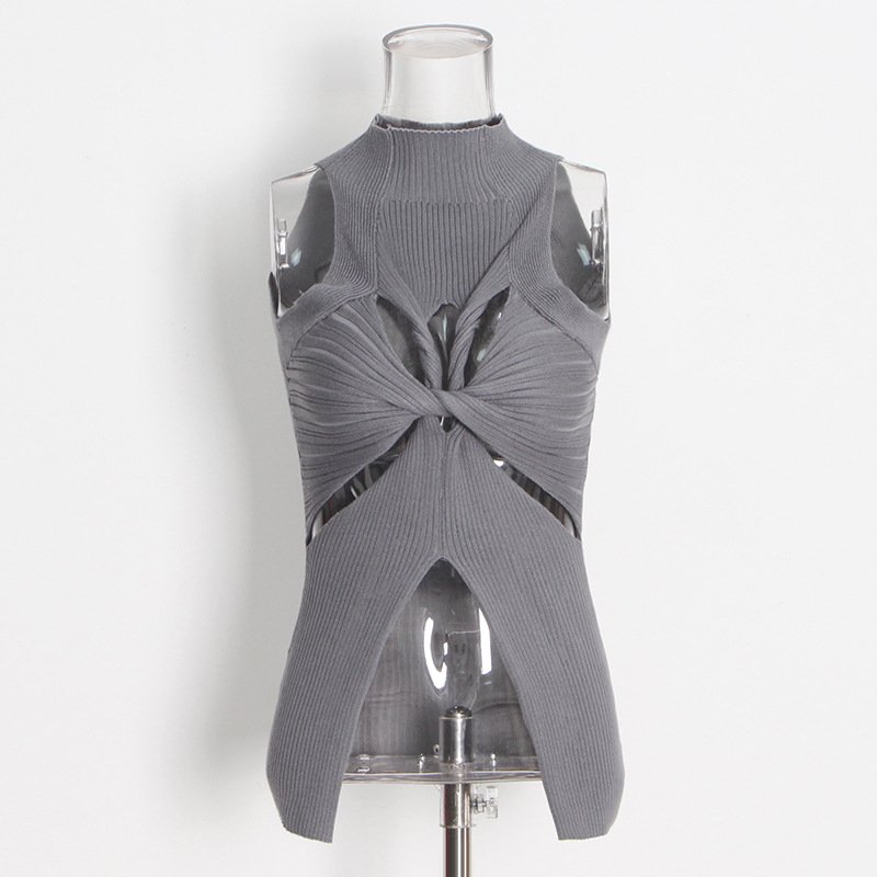 Fashion Sleeveless Summer Irregular Solid Color Ribbon Rib Knit Basic Vest Hollow Out Sexy Slim Womens Tank Top Female Crop Top