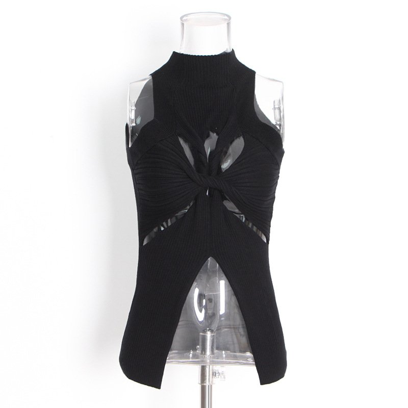 Fashion Sleeveless Summer Irregular Solid Color Ribbon Rib Knit Basic Vest Hollow Out Sexy Slim Womens Tank Top Female Crop Top