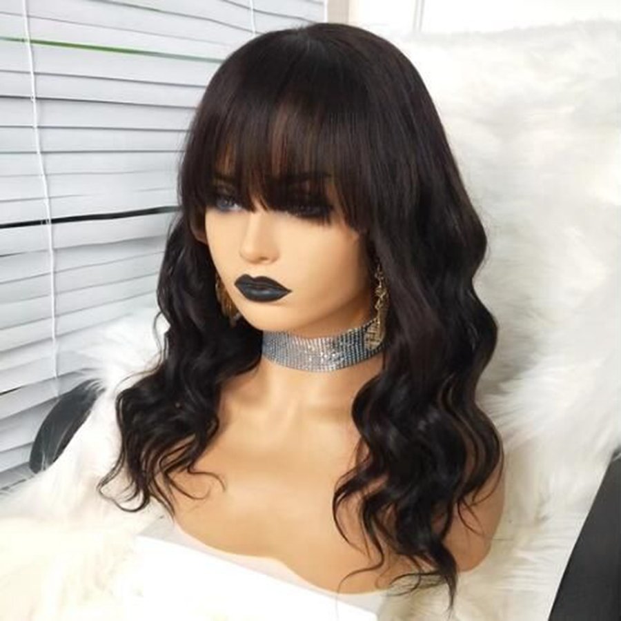 Full Lace Human Hair Wigs with Bangs Malaysian Remy Hair Full Fringe Lace Wigs for Black Women With Baby Hair
