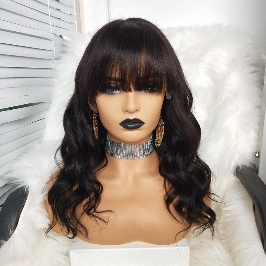 Full Lace Human Hair Wigs with Bangs Malaysian Remy Hair Full Fringe Lace Wigs for Black Women With Baby Hair