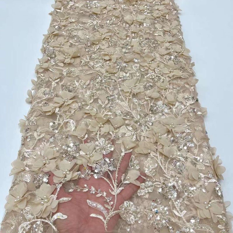 Wholesale Fabric Heavy Handmade Embroidery Beaded Lace Tulle Embroidery Fabric for Bridal Veil