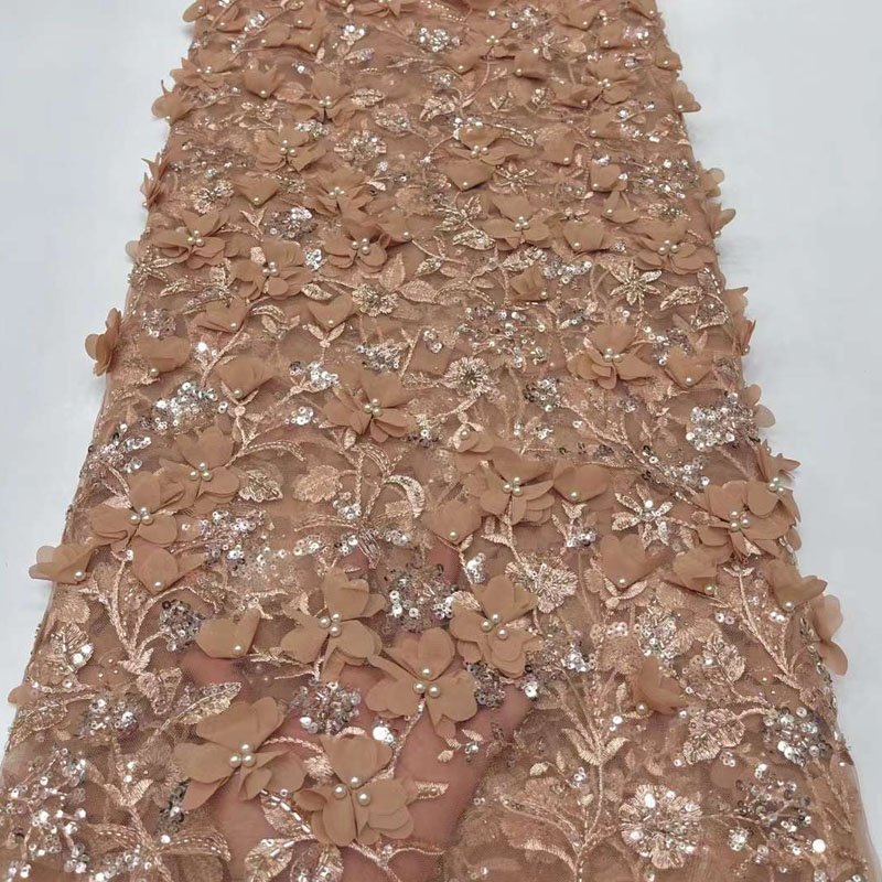 Wholesale Fabric Heavy Handmade Embroidery Beaded Lace Tulle Embroidery Fabric for Bridal Veil