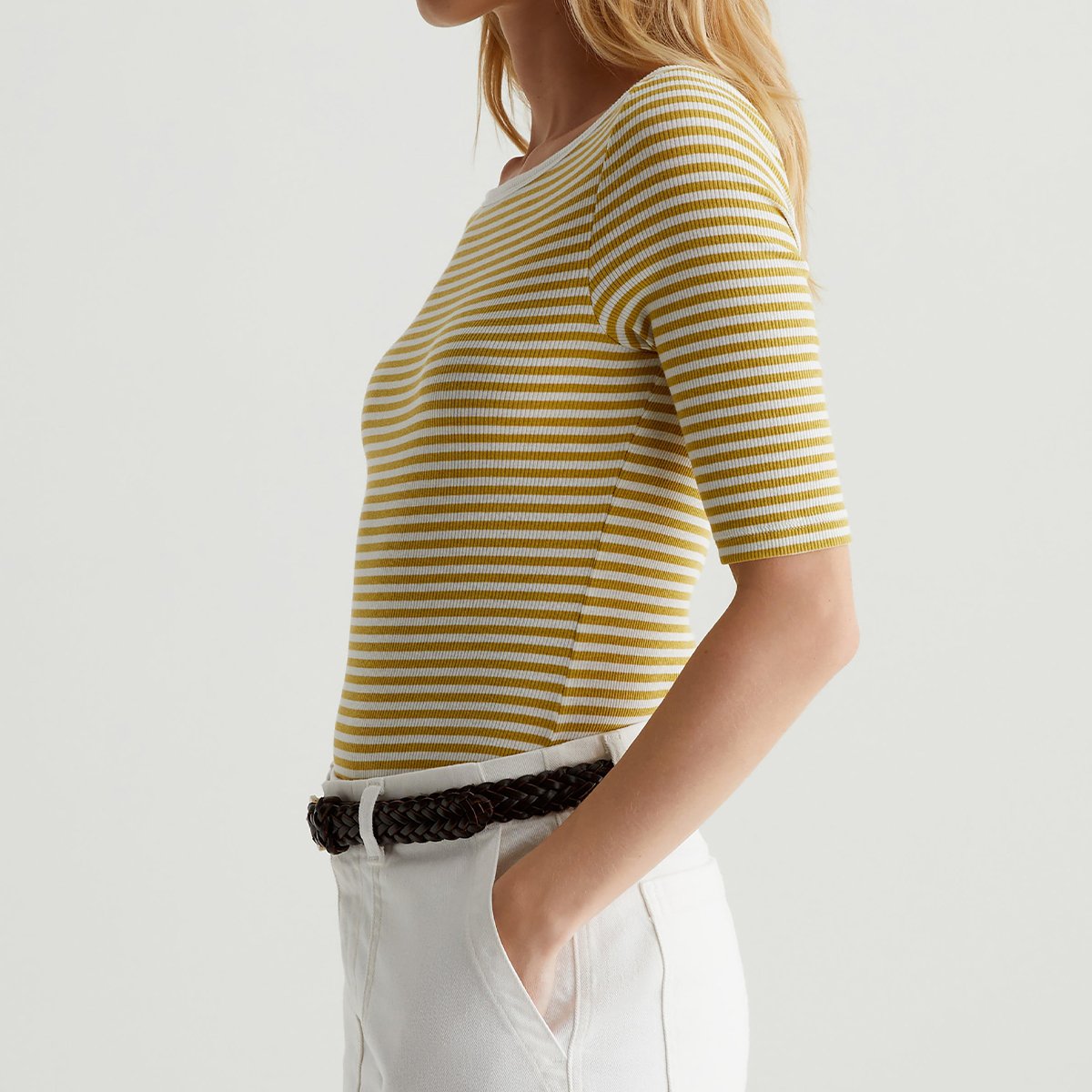 OEM/ODM Custom Striped Cotton-Blend Women's Slim Fit Boat Neck Top - Cap Sleeves, White Binding Detail