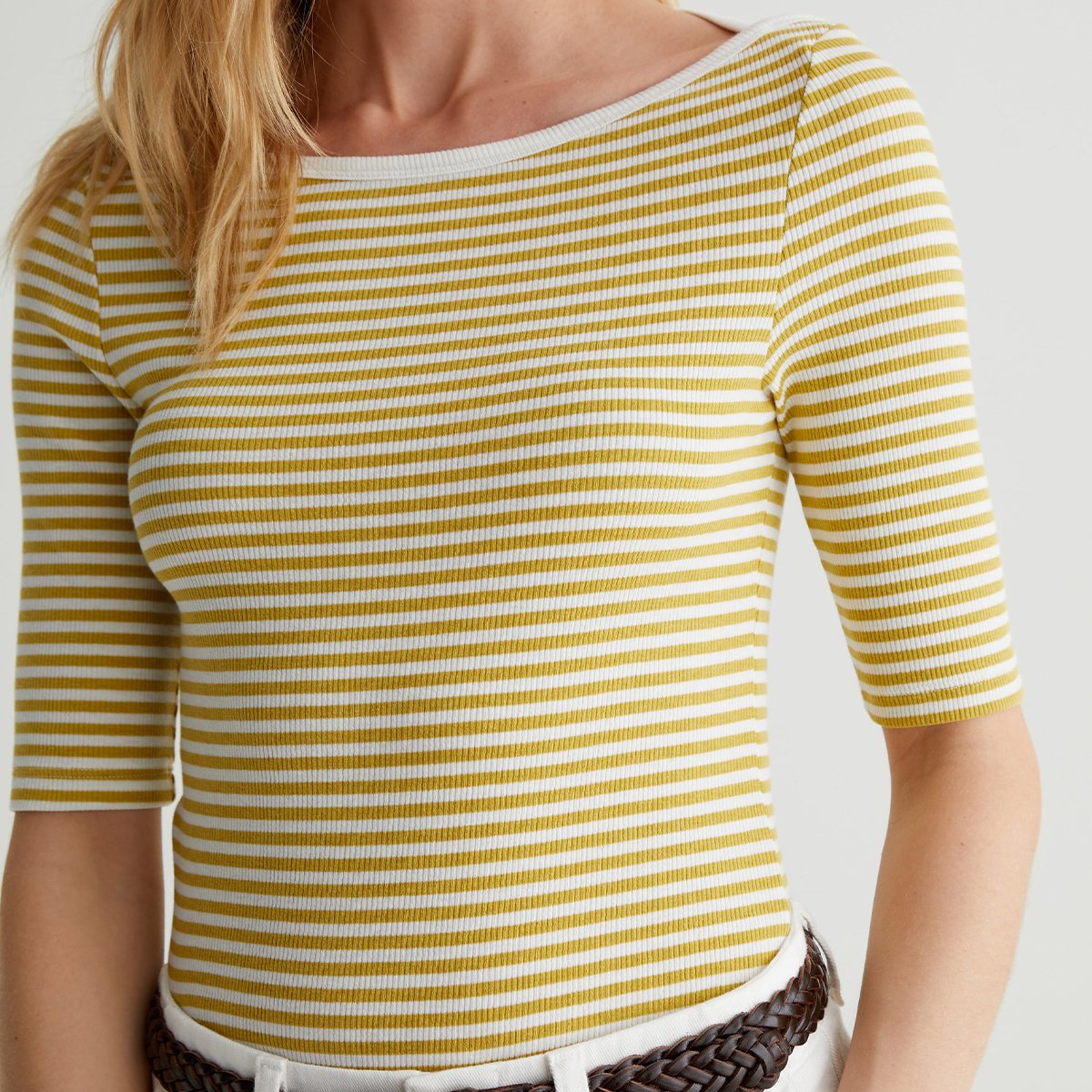 OEM/ODM Custom Striped Cotton-Blend Women's Slim Fit Boat Neck Top - Cap Sleeves, White Binding Detail