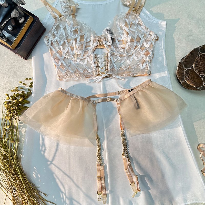 Sexy Lace Bra Transparent Sexy Lace Bra Brief Sets Hollow Out Chain Strap Mesh Embroidered Fish Bone for Women
