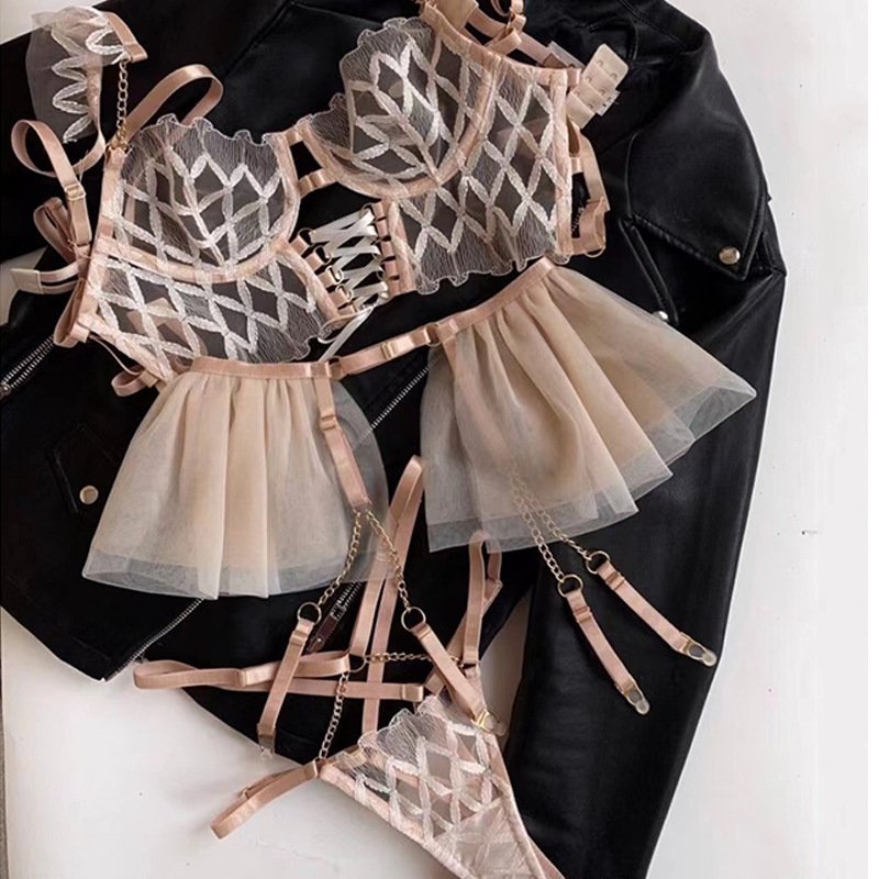 Sexy Lace Bra Transparent Sexy Lace Bra Brief Sets Hollow Out Chain Strap Mesh Embroidered Fish Bone for Women