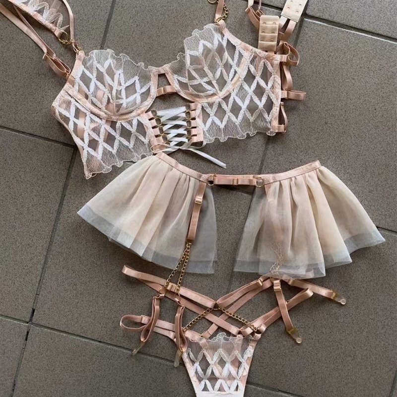 Sexy Lace Bra Transparent Sexy Lace Bra Brief Sets Hollow Out Chain Strap Mesh Embroidered Fish Bone for Women
