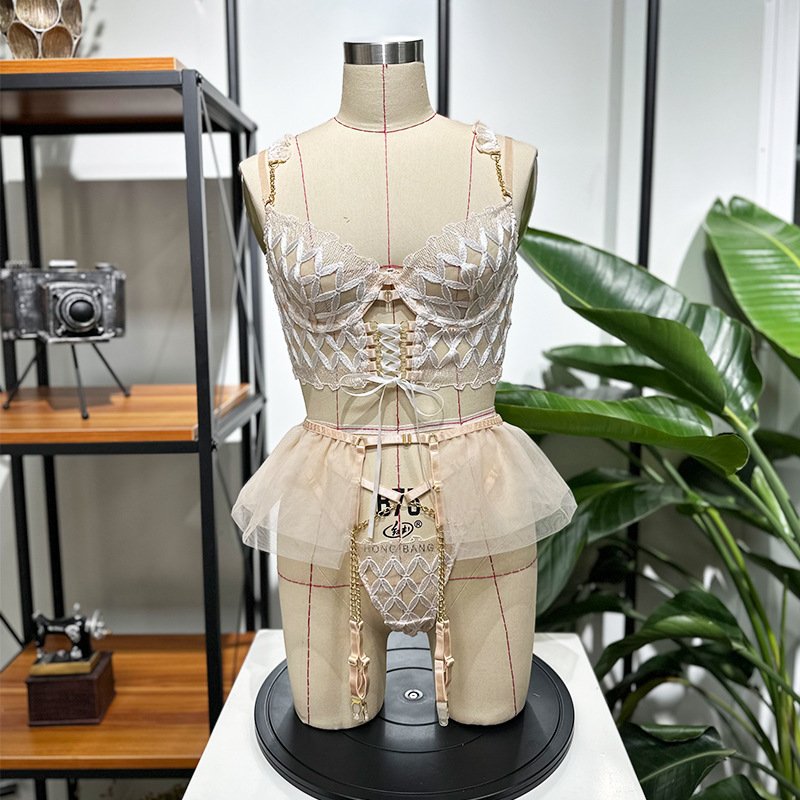 Sexy Lace Bra Transparent Sexy Lace Bra Brief Sets Hollow Out Chain Strap Mesh Embroidered Fish Bone for Women