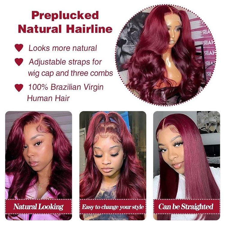 Popular 99J Transparent 13X4/13X6 Lace Front Wig Unprocessed Brazilian Pre Plucked Real Human Hair Body Wave Wig