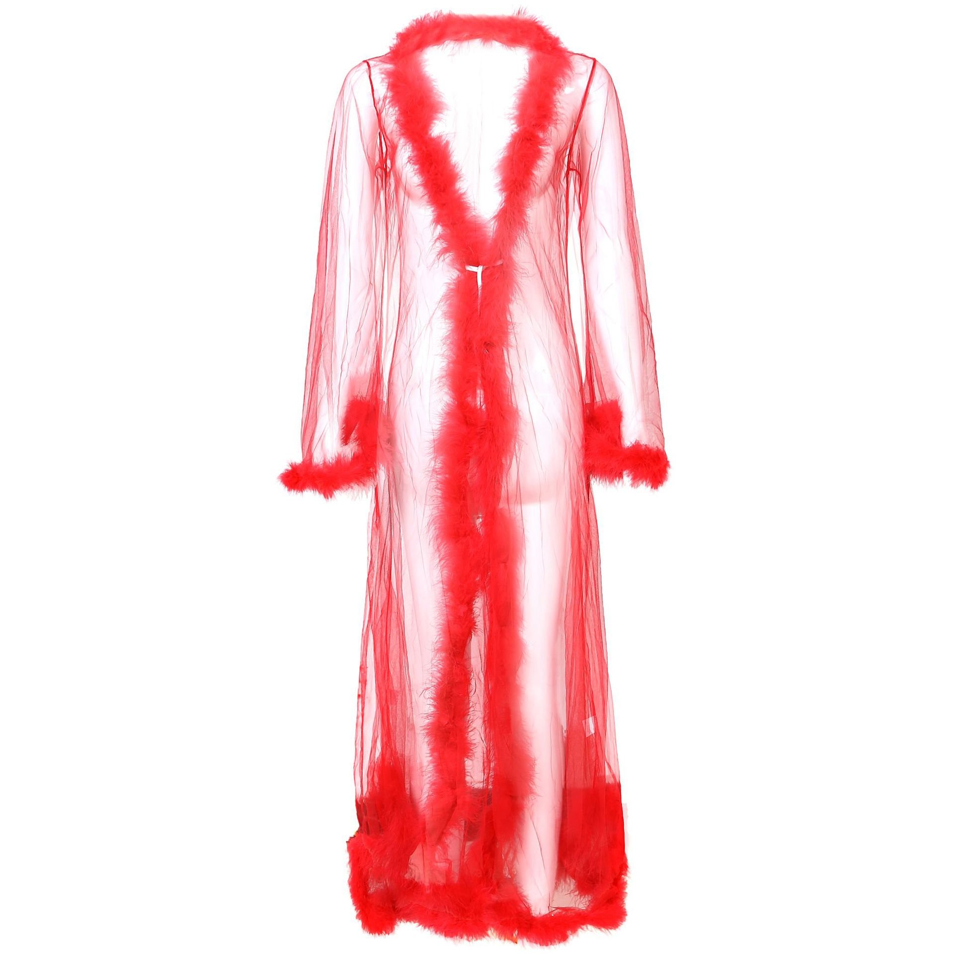 Wholesale Women Sheer Feather Lace Lingerie Tail Dress Long Nightgown Fur Robe Transparent Feathers Sexy Lingerie Robe with Fur