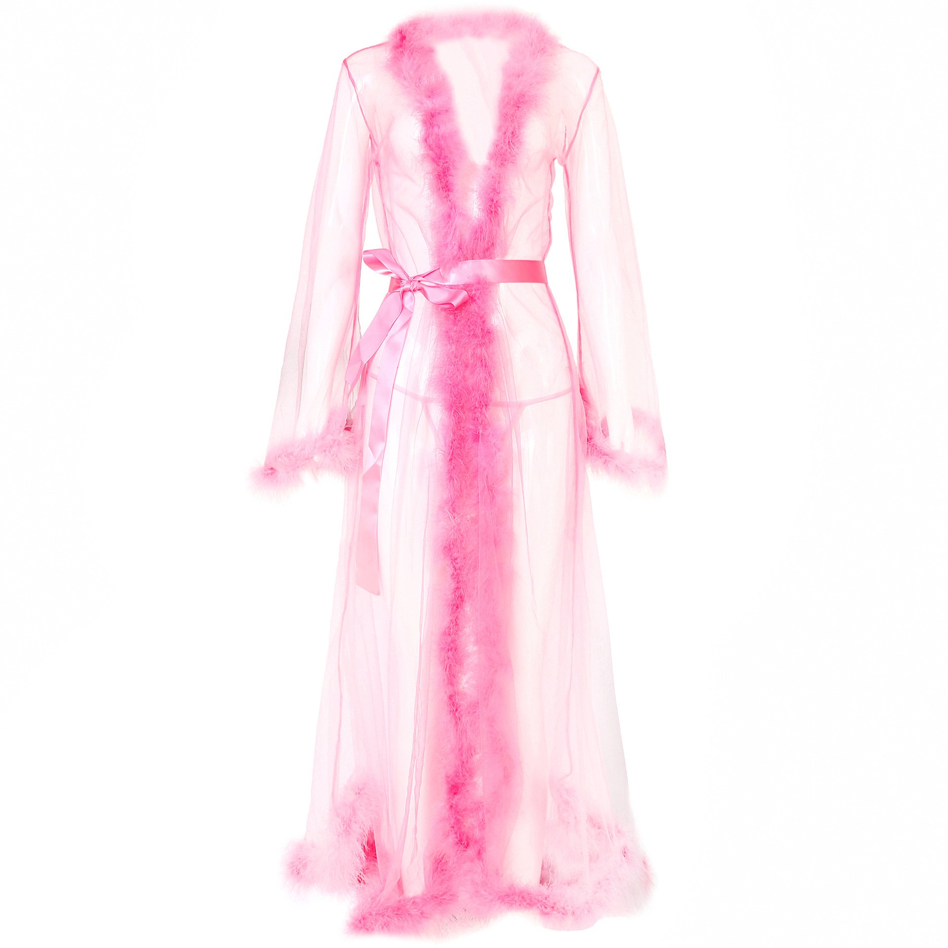 Wholesale Women Sheer Feather Lace Lingerie Tail Dress Long Nightgown Fur Robe Transparent Feathers Sexy Lingerie Robe with Fur