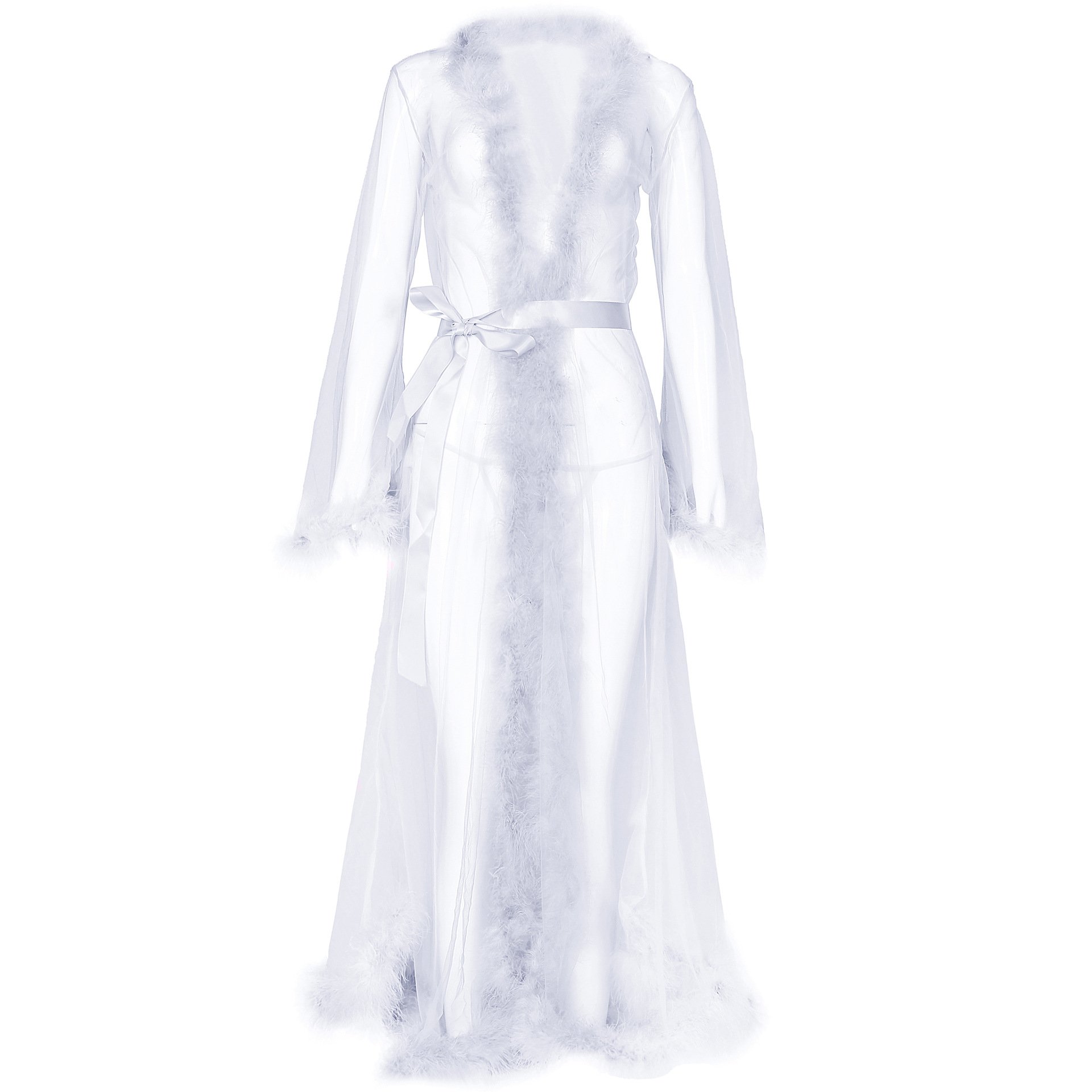 Wholesale Women Sheer Feather Lace Lingerie Tail Dress Long Nightgown Fur Robe Transparent Feathers Sexy Lingerie Robe with Fur