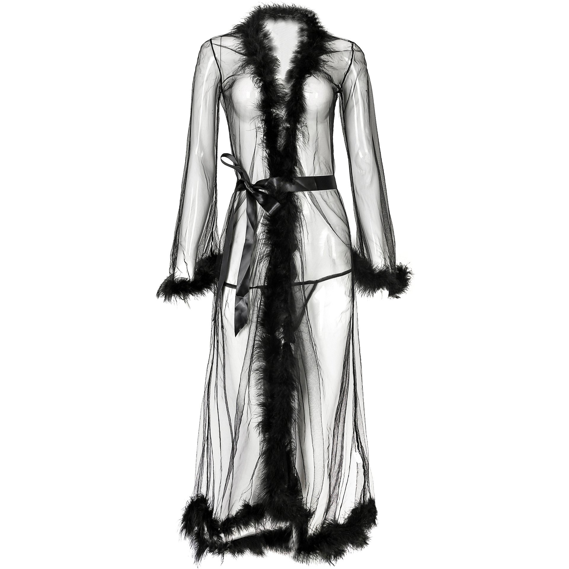 Wholesale Women Sheer Feather Lace Lingerie Tail Dress Long Nightgown Fur Robe Transparent Feathers Sexy Lingerie Robe with Fur