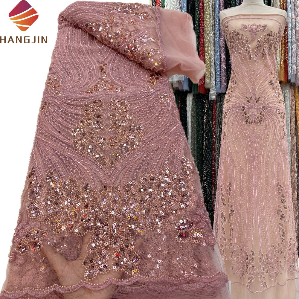 New Fashion Heavy Handmade Pink Beaded Lace Fabric High Quality Luxury African Net Sequined Lace Fabrics 2024 For Weddings