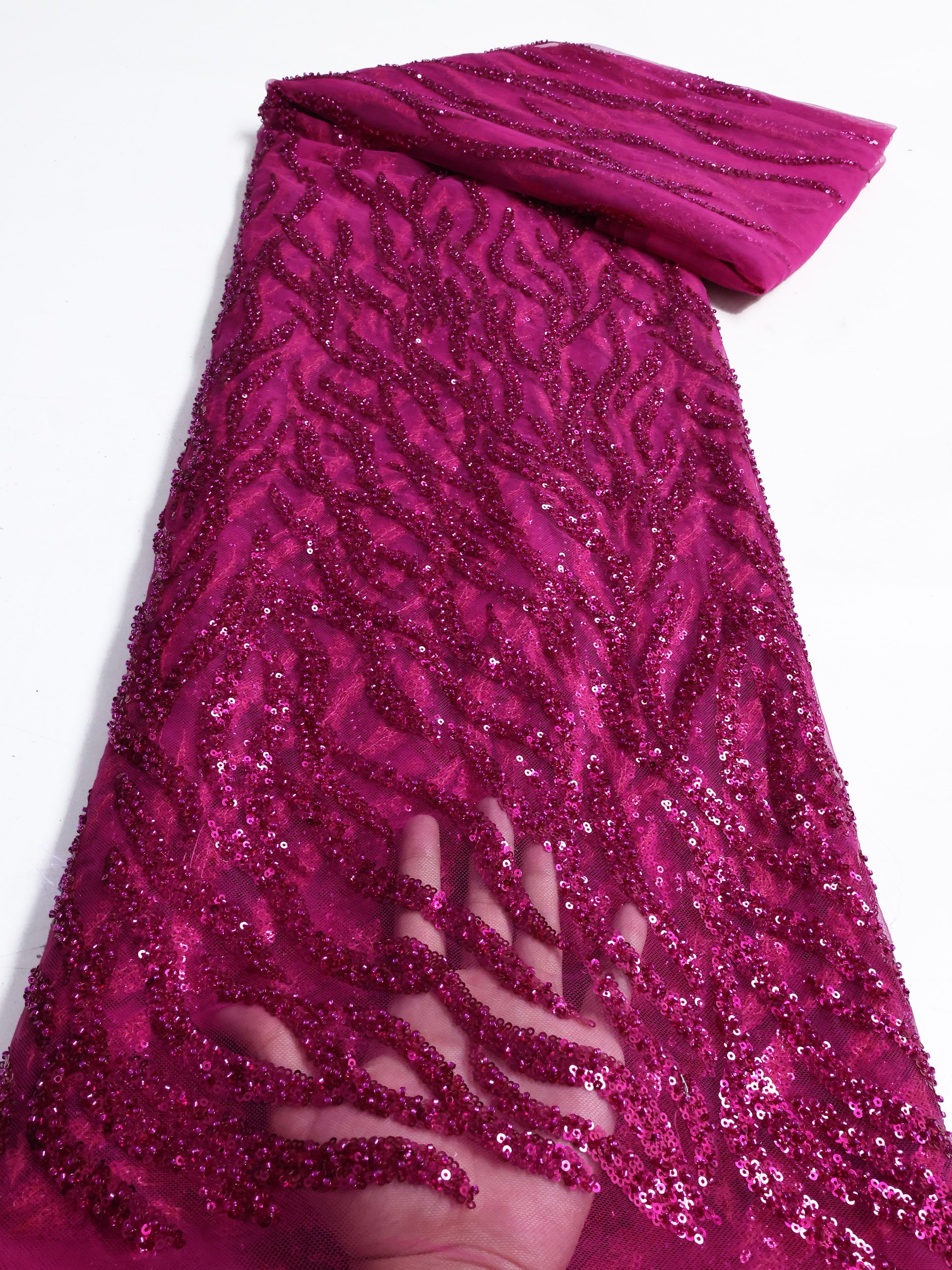 NI.AI Burnt Orange Beaded Tulle 5 Yards Lace Fabric Luxury Sequins Pearls Mesh Fabric For Bridal Prom Dress ly3304