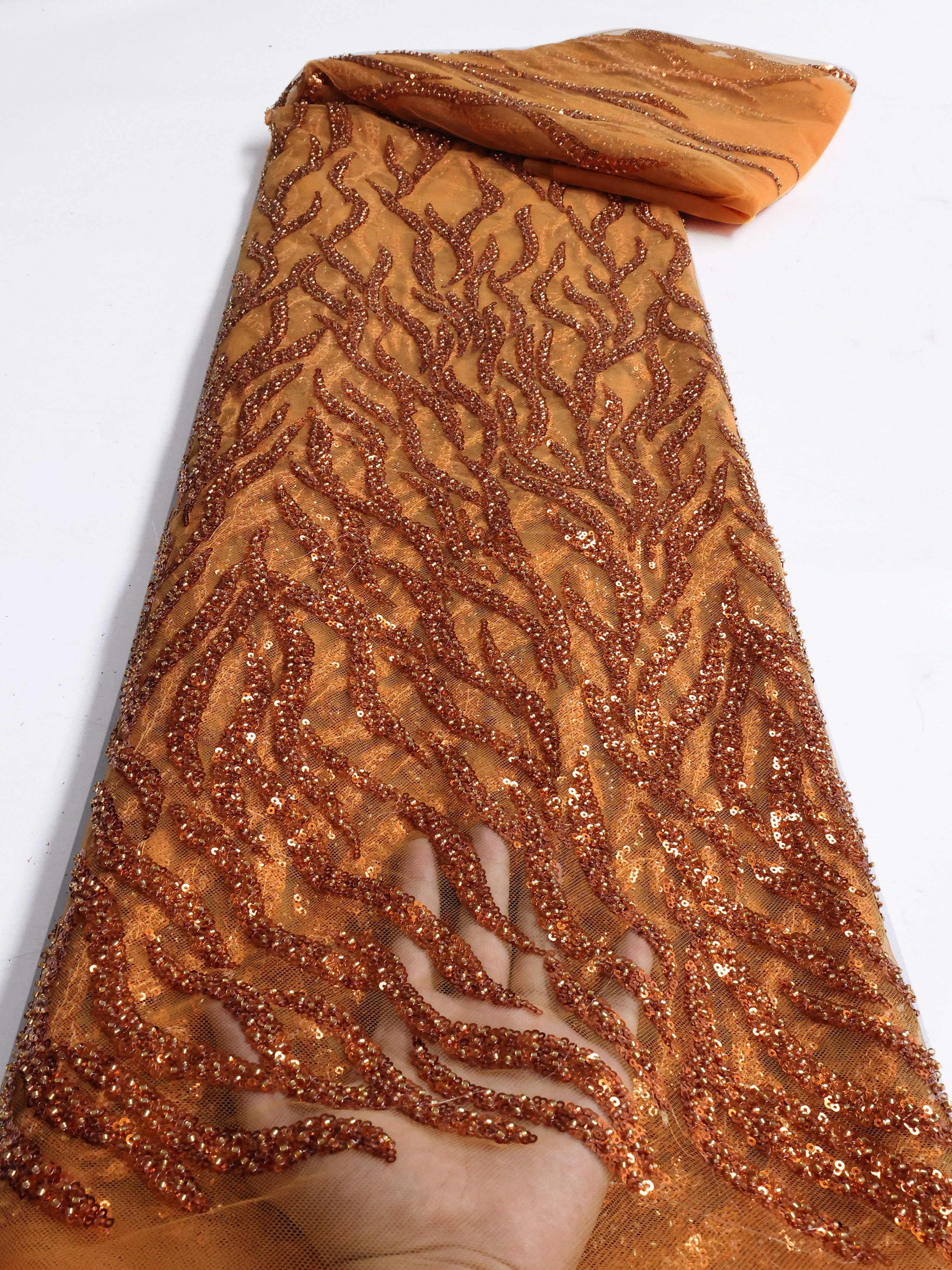 NI.AI Burnt Orange Beaded Tulle 5 Yards Lace Fabric Luxury Sequins Pearls Mesh Fabric For Bridal Prom Dress ly3304