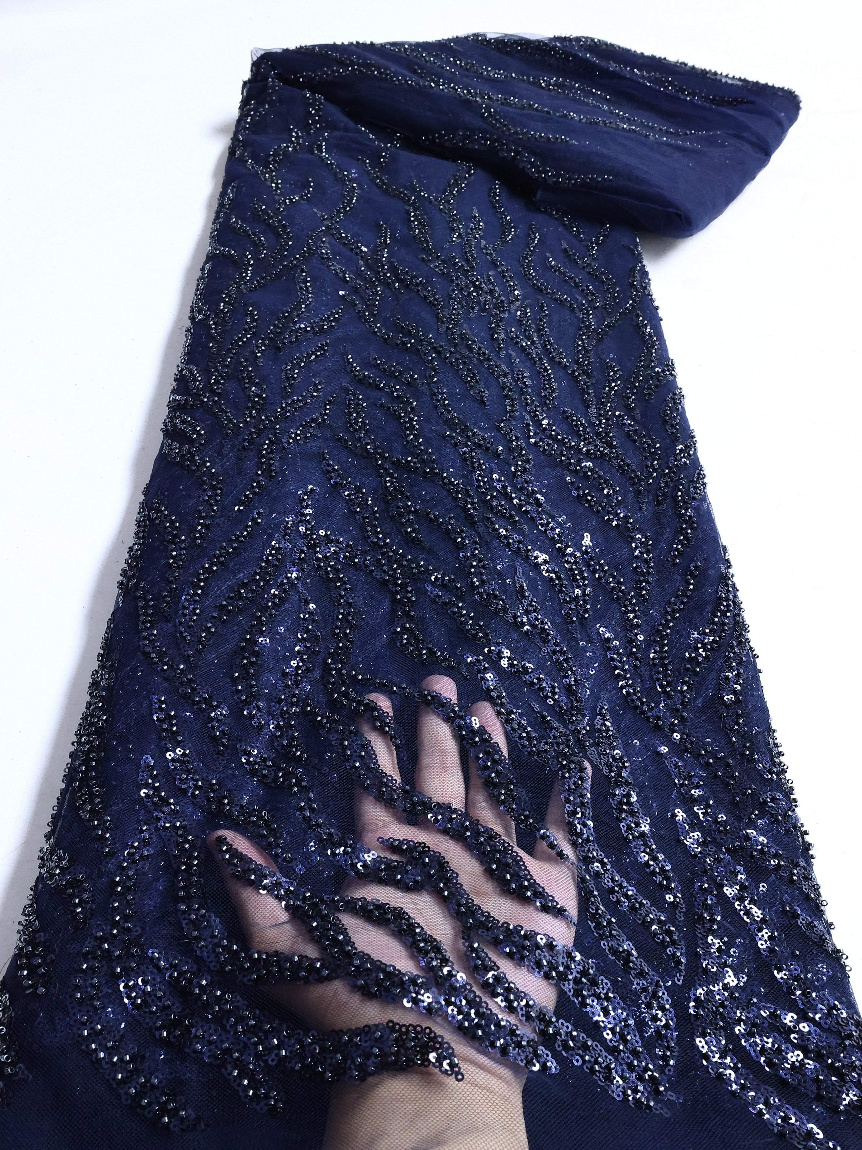 NI.AI Burnt Orange Beaded Tulle 5 Yards Lace Fabric Luxury Sequins Pearls Mesh Fabric For Bridal Prom Dress ly3304