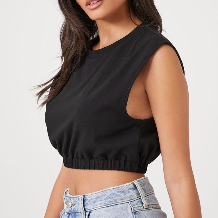 Wholesale custom logo crewneck sweatshirt sleeveless tank top elastic waist knit crop top t-shirt for women