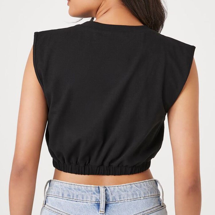 Wholesale custom logo crewneck sweatshirt sleeveless tank top elastic waist knit crop top t-shirt for women