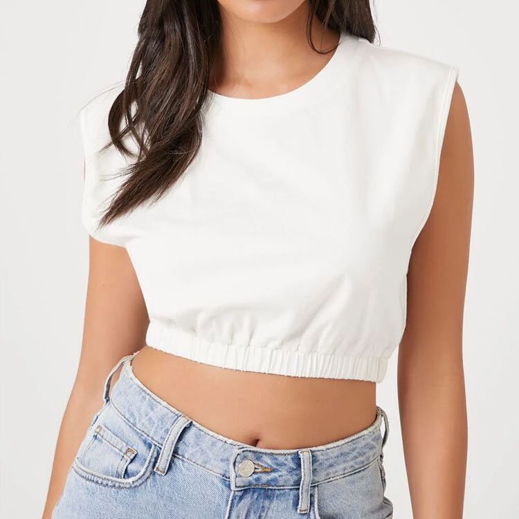 Wholesale custom logo crewneck sweatshirt sleeveless tank top elastic waist knit crop top t-shirt for women